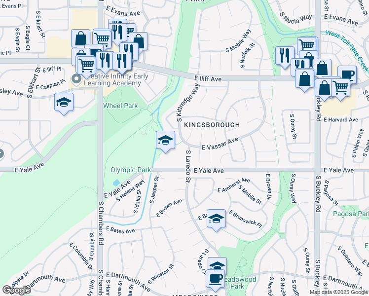 map of restaurants, bars, coffee shops, grocery stores, and more near 2604 South Laredo Street in Aurora