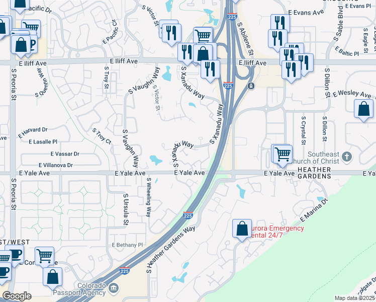map of restaurants, bars, coffee shops, grocery stores, and more near 2640 South Xanadu Way in Aurora