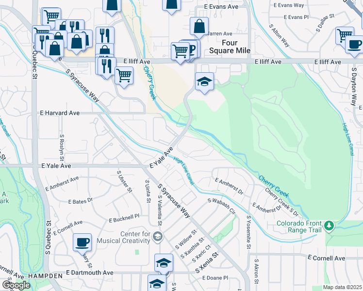 map of restaurants, bars, coffee shops, grocery stores, and more near 8400 East Yale Avenue in Denver