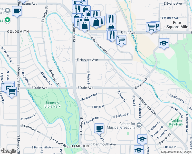 map of restaurants, bars, coffee shops, grocery stores, and more near 2500 South Roslyn Street in Denver