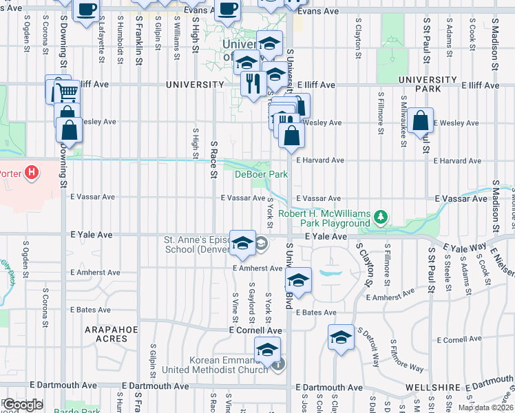 map of restaurants, bars, coffee shops, grocery stores, and more near 2621 South York Street in Denver
