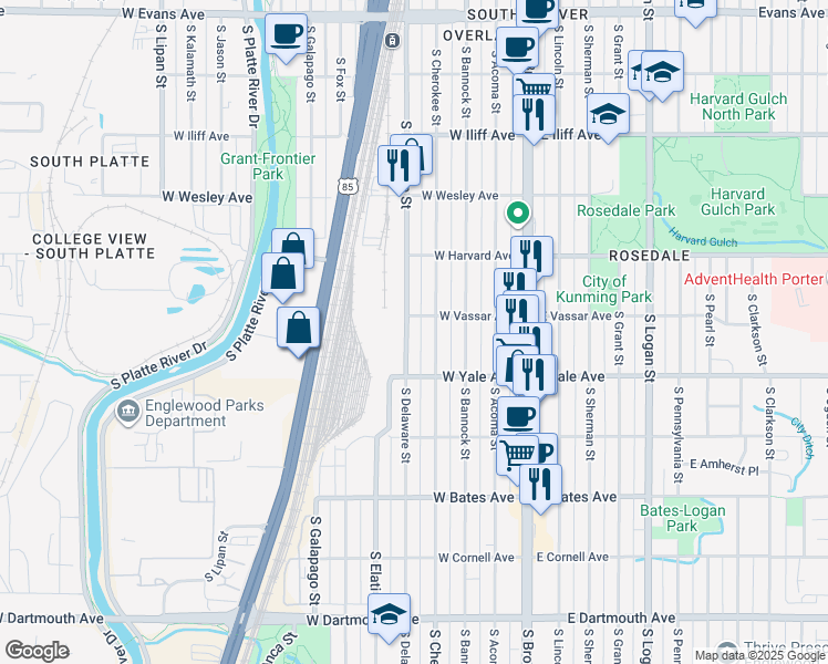 map of restaurants, bars, coffee shops, grocery stores, and more near 2624 South Delaware Street in Denver