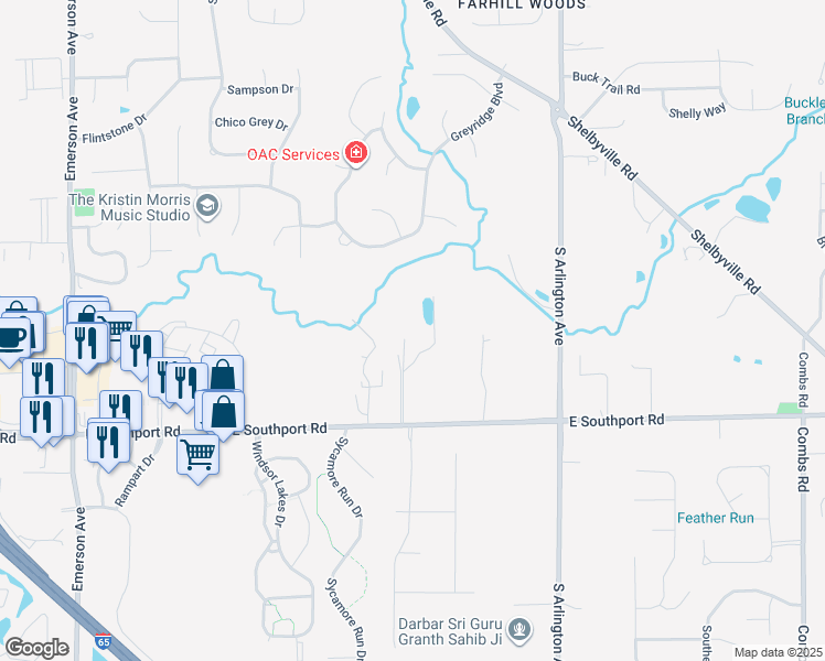 map of restaurants, bars, coffee shops, grocery stores, and more near 5644 East Southport Road in Indianapolis