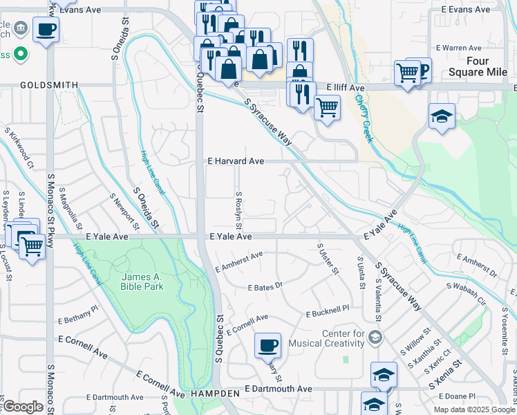 map of restaurants, bars, coffee shops, grocery stores, and more near 2500 South Roslyn Street in Denver
