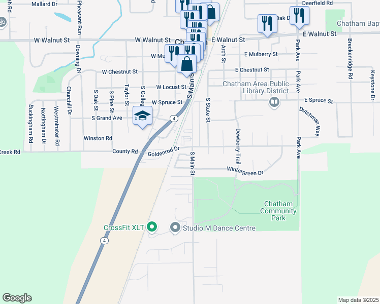 map of restaurants, bars, coffee shops, grocery stores, and more near 505 South Main Street in Chatham