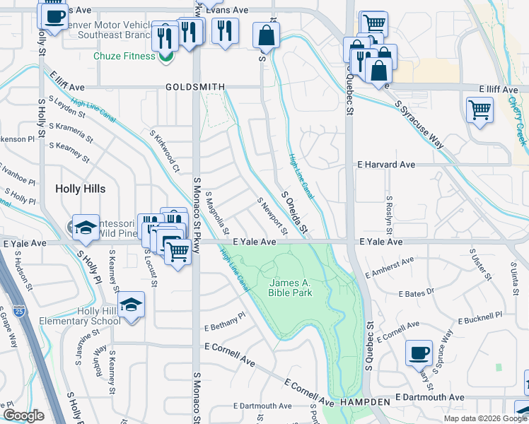 map of restaurants, bars, coffee shops, grocery stores, and more near 2661 South Newport Street in Denver