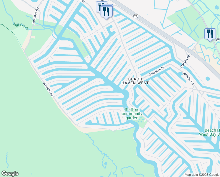 map of restaurants, bars, coffee shops, grocery stores, and more near 212 Matilda Drive in Stafford Township