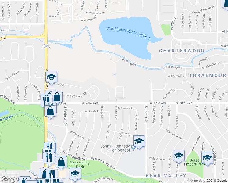 map of restaurants, bars, coffee shops, grocery stores, and more near 6819 West Yale Avenue in Lakewood