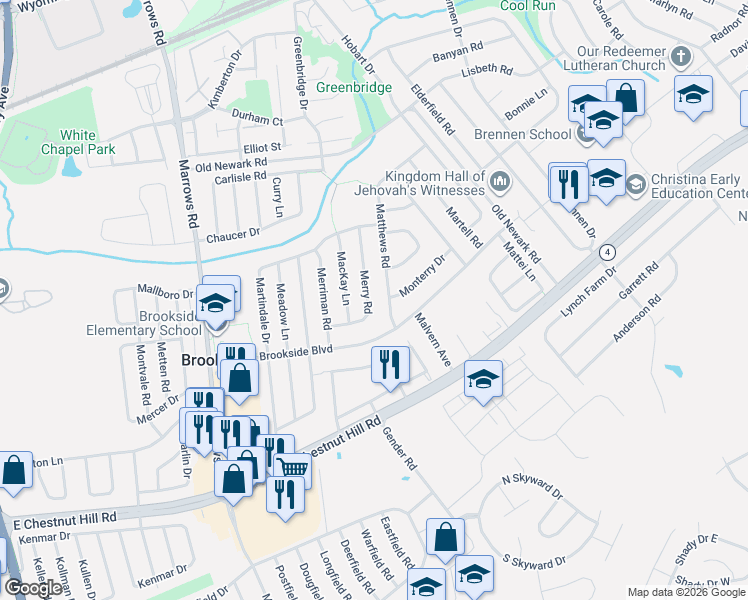 map of restaurants, bars, coffee shops, grocery stores, and more near 20 Merry Road in Newark