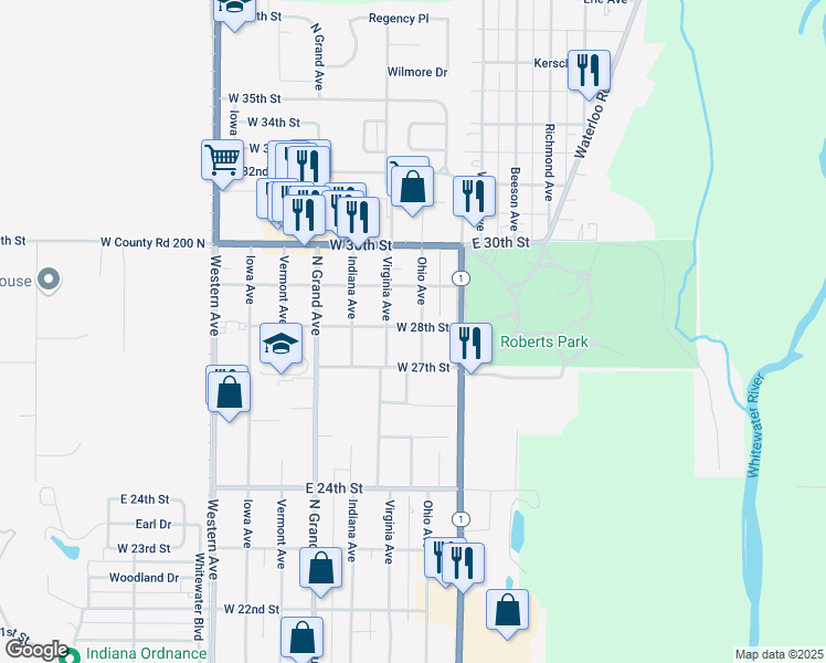 map of restaurants, bars, coffee shops, grocery stores, and more near 201 West 28th Street in Connersville
