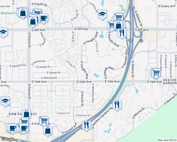 map of restaurants, bars, coffee shops, grocery stores, and more near 2650 South Vaughn Way in Aurora