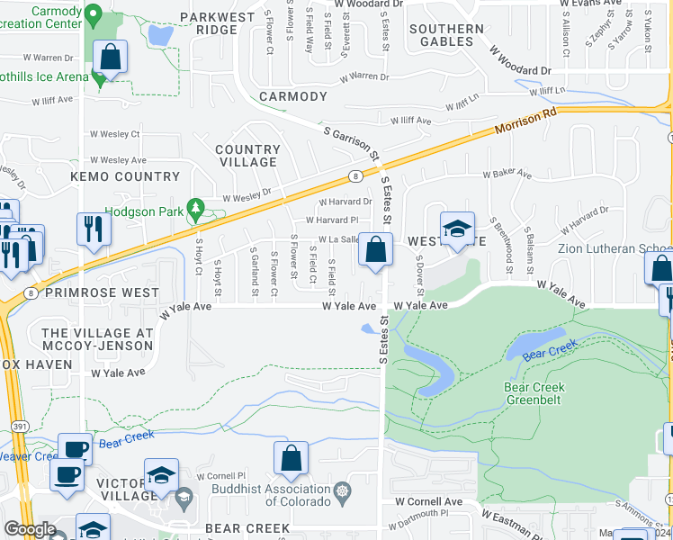 map of restaurants, bars, coffee shops, grocery stores, and more near 2624 South Field Street in Lakewood