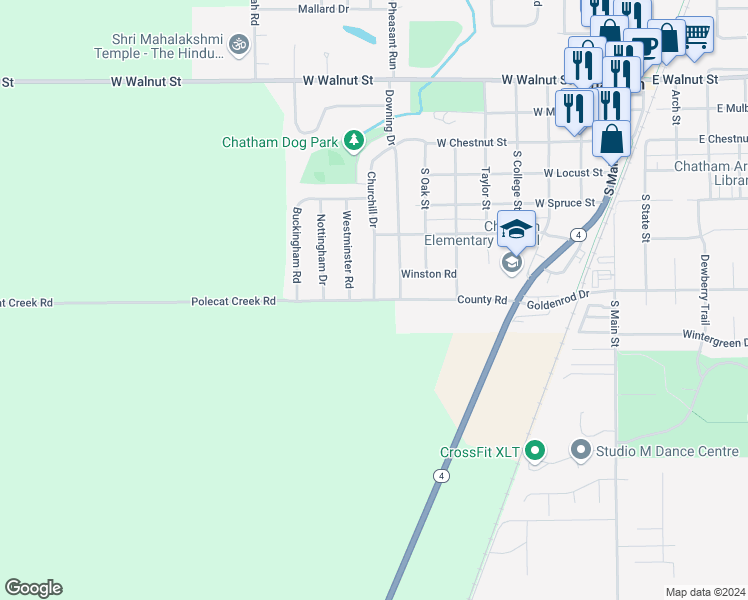 map of restaurants, bars, coffee shops, grocery stores, and more near 27 County Road in Chatham