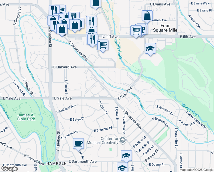 map of restaurants, bars, coffee shops, grocery stores, and more near 8111 East Yale Avenue in Denver