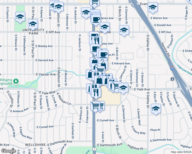map of restaurants, bars, coffee shops, grocery stores, and more near 2640 Colorado 2 in Denver