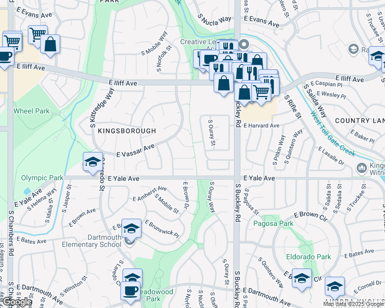 map of restaurants, bars, coffee shops, grocery stores, and more near 16591 East Villanova Place in Aurora