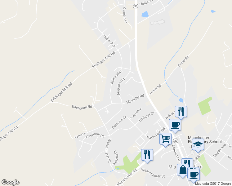 map of restaurants, bars, coffee shops, grocery stores, and more near 3412 Augusta Road in Manchester
