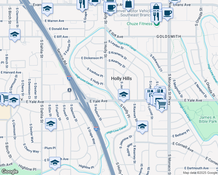 map of restaurants, bars, coffee shops, grocery stores, and more near 2610 South Holly Street in Denver