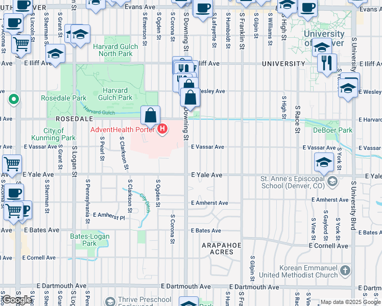 map of restaurants, bars, coffee shops, grocery stores, and more near 2616 South Downing Street in Denver