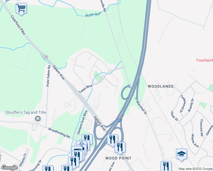 map of restaurants, bars, coffee shops, grocery stores, and more near 18313 Buckeye Circle in Hagerstown