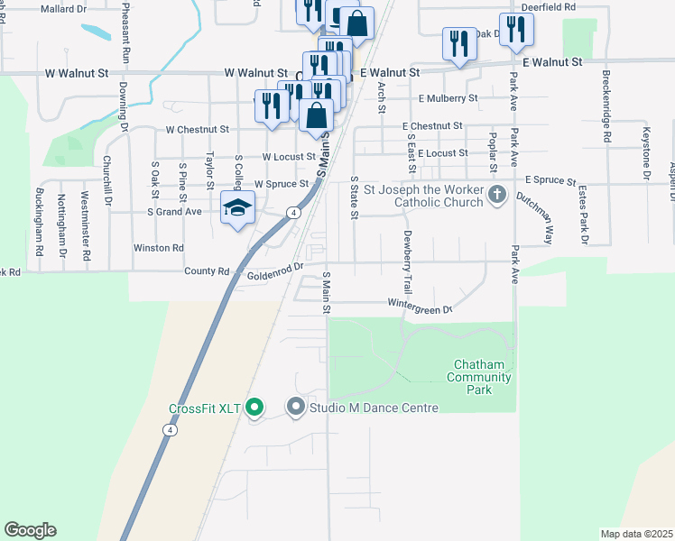 map of restaurants, bars, coffee shops, grocery stores, and more near 150 Goldenrod Drive in Chatham