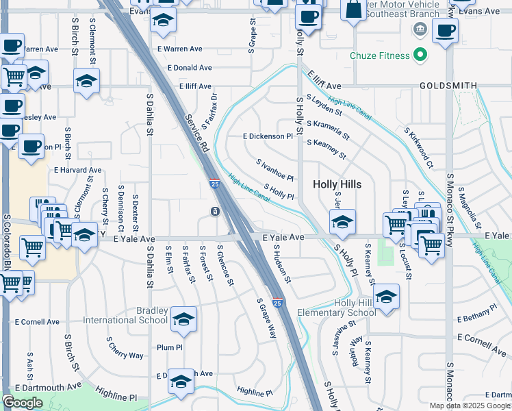 map of restaurants, bars, coffee shops, grocery stores, and more near 5500 East Vassar Avenue in Denver