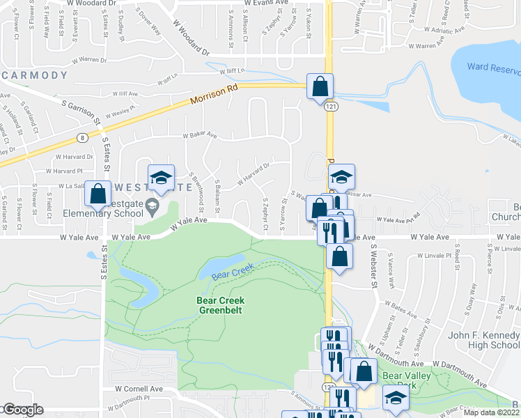 map of restaurants, bars, coffee shops, grocery stores, and more near 2629 South Zephyr Court in Lakewood