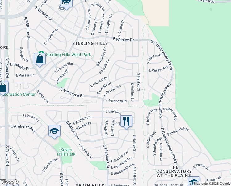 map of restaurants, bars, coffee shops, grocery stores, and more near 19836-19846 E Villanova Dr in Aurora