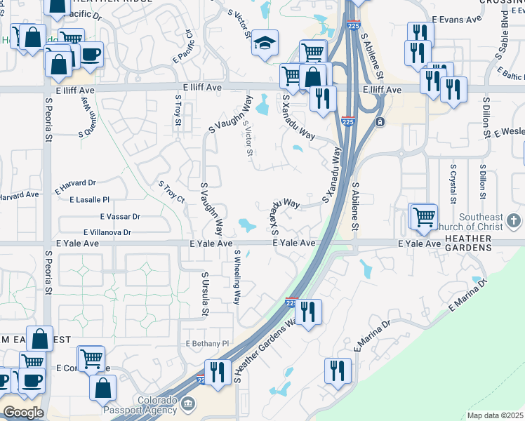 map of restaurants, bars, coffee shops, grocery stores, and more near 2672 South Xanadu Way in Aurora