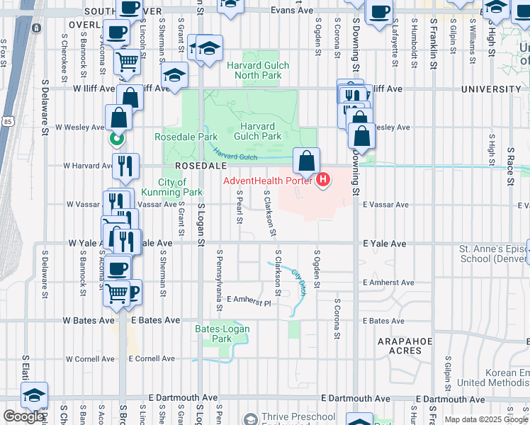map of restaurants, bars, coffee shops, grocery stores, and more near 2611 South Clarkson Street in Denver
