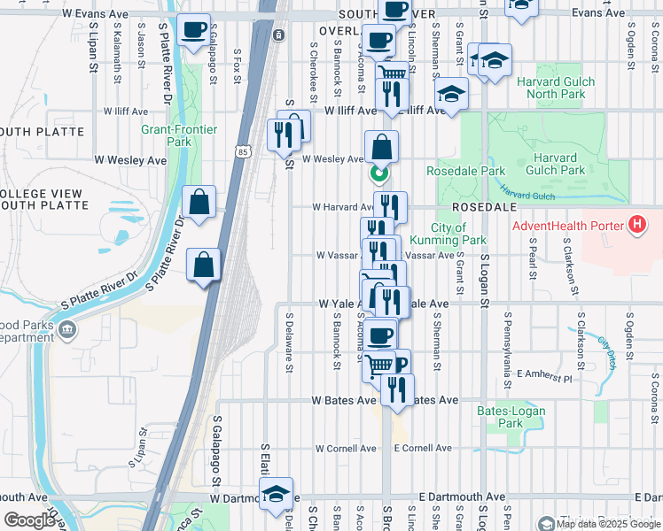 map of restaurants, bars, coffee shops, grocery stores, and more near 2624 South Cherokee Street in Denver