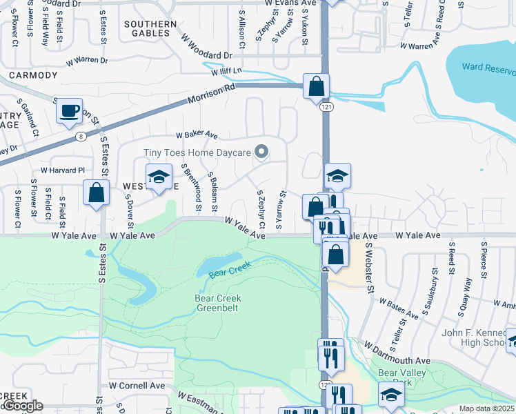 map of restaurants, bars, coffee shops, grocery stores, and more near 2629 South Zephyr Court in Lakewood