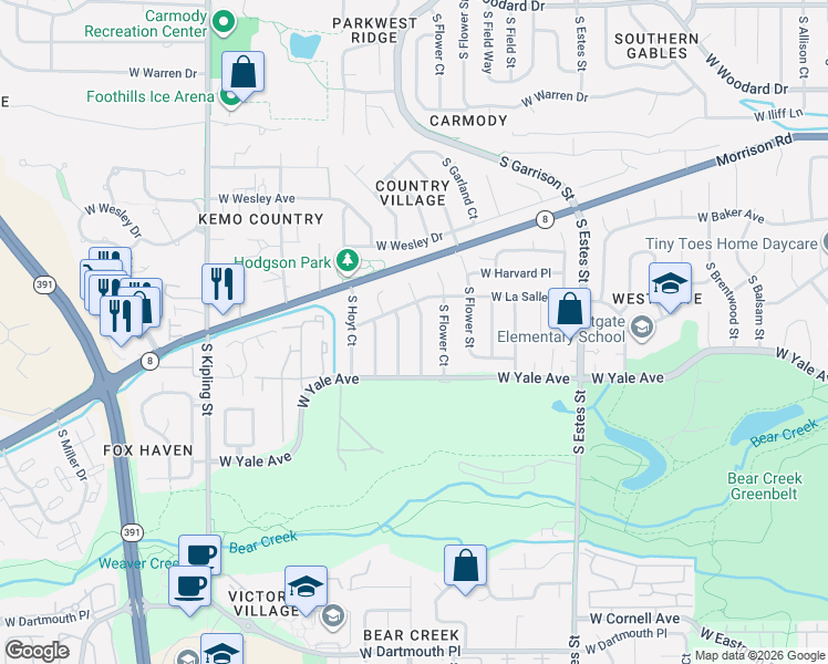 map of restaurants, bars, coffee shops, grocery stores, and more near 2622 South Holland Street in Lakewood
