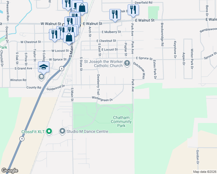 map of restaurants, bars, coffee shops, grocery stores, and more near 420 Goldenrod Drive in Chatham