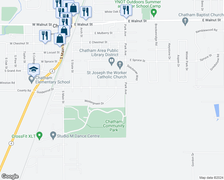 map of restaurants, bars, coffee shops, grocery stores, and more near 606 Goldenrod Drive in Chatham