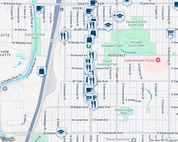 map of restaurants, bars, coffee shops, grocery stores, and more near 2611 South Broadway in Denver