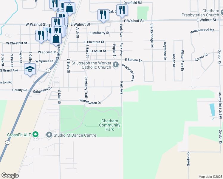 map of restaurants, bars, coffee shops, grocery stores, and more near 619 Wintergreen Drive in Chatham