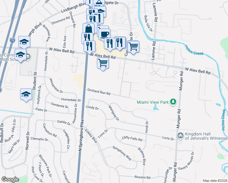 map of restaurants, bars, coffee shops, grocery stores, and more near 5701 Cobblegate Drive in Dayton