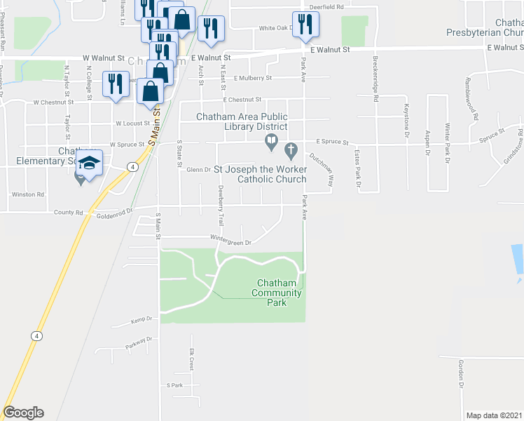 map of restaurants, bars, coffee shops, grocery stores, and more near 502 Goldenrod Drive in Chatham