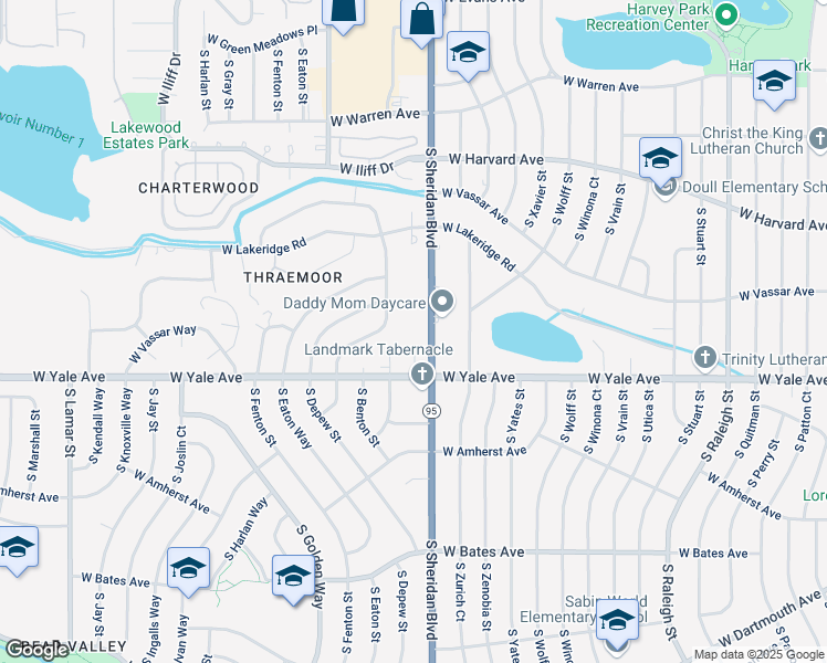 map of restaurants, bars, coffee shops, grocery stores, and more near 2595 South Sheridan Boulevard in Lakewood