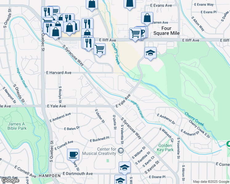 map of restaurants, bars, coffee shops, grocery stores, and more near 8182 East Vassar Drive in Denver