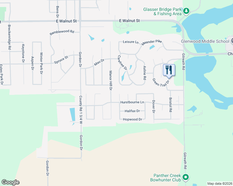 map of restaurants, bars, coffee shops, grocery stores, and more near Huntington Rd in Chatham