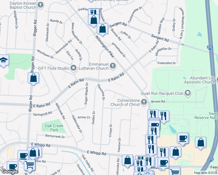 map of restaurants, bars, coffee shops, grocery stores, and more near 2543 Walford Drive in Dayton