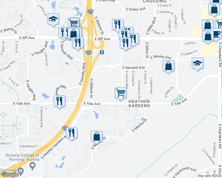 map of restaurants, bars, coffee shops, grocery stores, and more near 2602 South Anaheim Street in Aurora