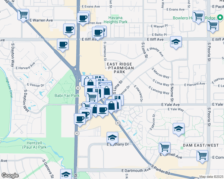 map of restaurants, bars, coffee shops, grocery stores, and more near 2634 South Lima Street in Aurora