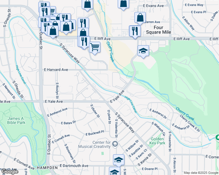 map of restaurants, bars, coffee shops, grocery stores, and more near 8182 East Vassar Drive in Denver