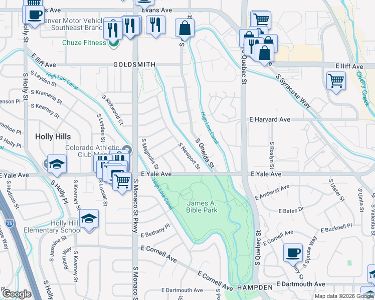 map of restaurants, bars, coffee shops, grocery stores, and more near 2661 South Newport Street in Denver