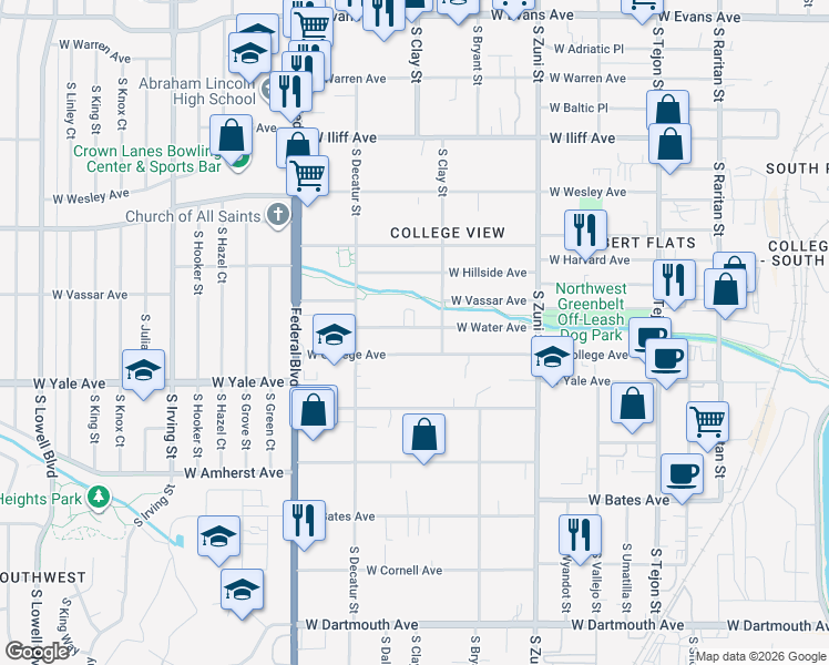 map of restaurants, bars, coffee shops, grocery stores, and more near 2750 West Water Avenue in Denver