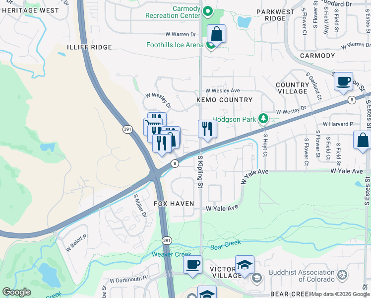 map of restaurants, bars, coffee shops, grocery stores, and more near 10075 Morrison Road in Lakewood