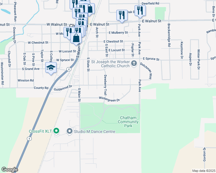 map of restaurants, bars, coffee shops, grocery stores, and more near 506 Dewberry Trail in Chatham